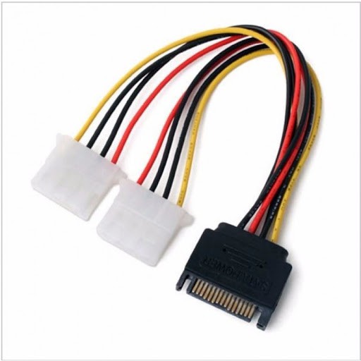 Cabo de Força Molex IDE Duplo ( 02 ) x 1 Sata Força. Duplicador Molex Sata. Conector: 1 x Sata Macho + 2 x Molex IDE PSU Fonte. Tamanho: 20cm.