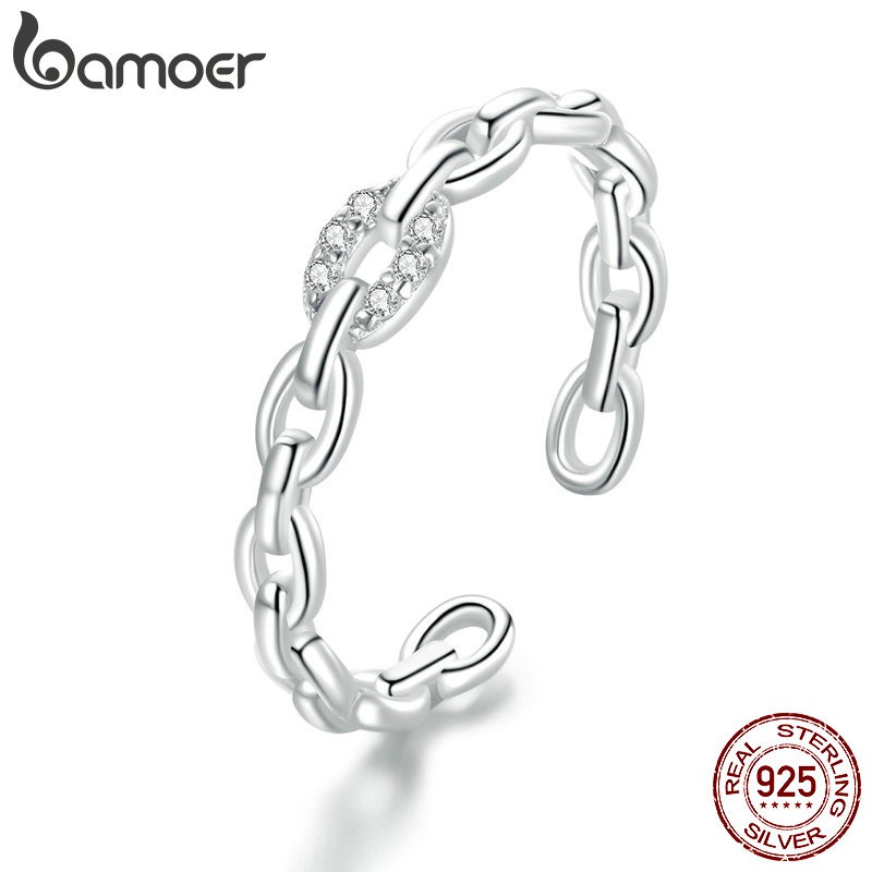 bamoer Genuine 925 Sterling Silver Geometric Chain Ring Finger Rings for Women Wedding Band Engagement Statement Jewelry BSR145 - Fashion Accessories