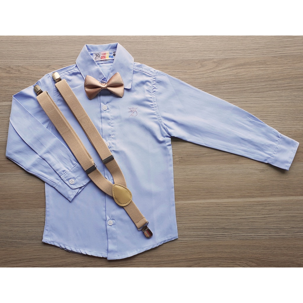 Camisa Social Para Menino Bebê Infantil e Juvenil Com Kit Gravata e Suspensório Bege