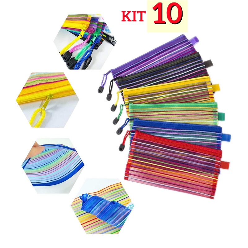 KIT 10 Estojo Multiuso Bolsinha Nylon Colorido Necessaire 13 X 23 Cm Papelaria Criativa Promoções