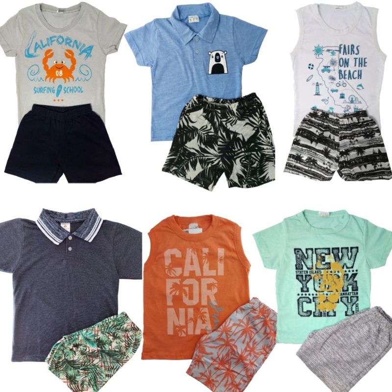 Kit lote 8 peças roupa infantil menino 4 camisas + 4 shorts infantil masculino 1 ao 10