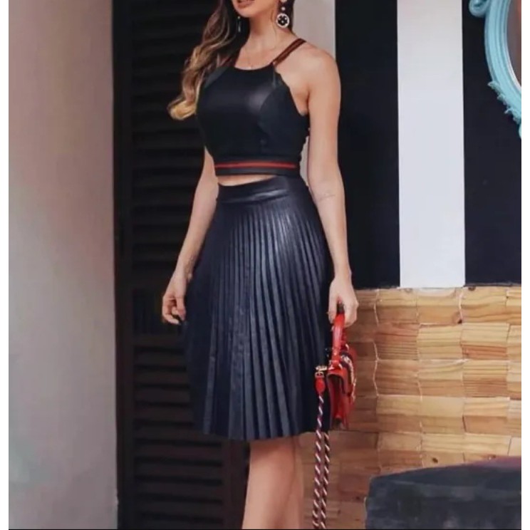 Saia Midi Plissada Cirrê Feminina Couro Fake Moda Super Fashion | Shopee Brasil