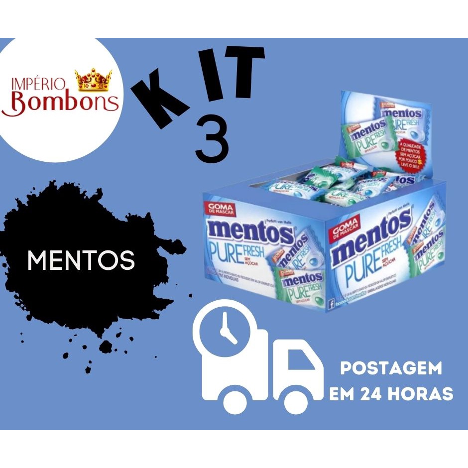 Mentos Chiclete kit 3 caixa de Balas Sem açúcar pure fresh Perfetti Van Melle