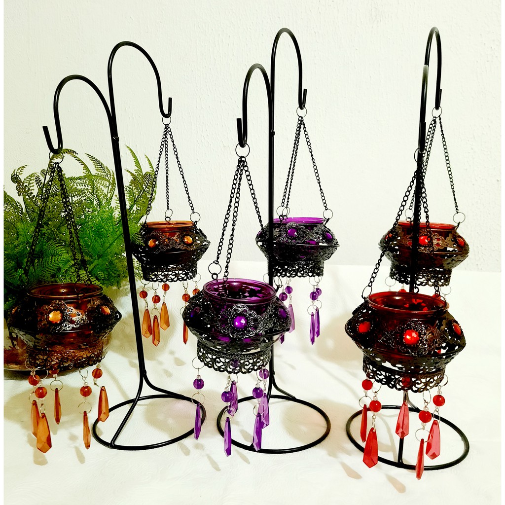 Candelabro Místico de Ferro Importado com 02 Cachepô e 02 Copo Porta Vela de Vidro.