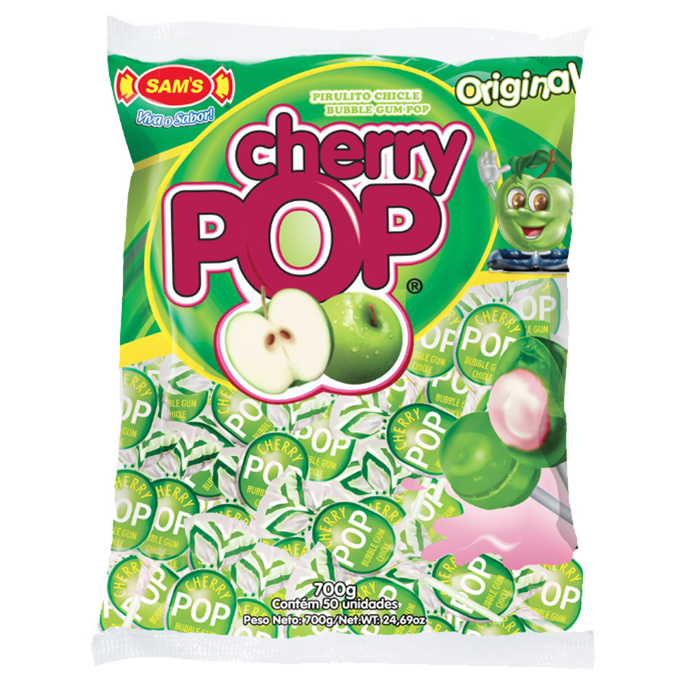 Pirulito Cherry Pop Maçã Verde Recheio Chiclete c/50 - Sams