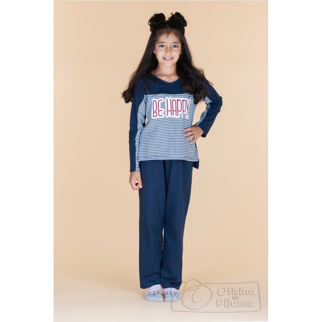 PIJAMA FEMININO INFANTIL LONGO BICOLOR EM MALHA