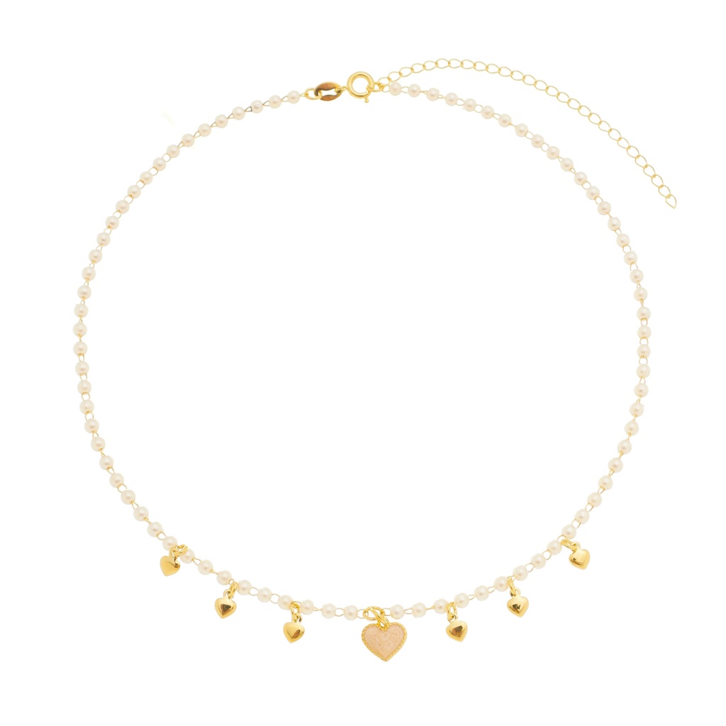 Choker Pérolas com Coração em Madrepérola e Coraçõezinhos Banhada a ouro 18K semi joias de luxo (GA 3176)