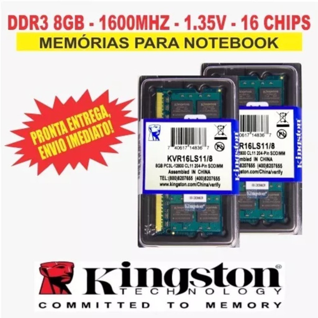 Memória  Kingston Ddr3 8gb 1600 Mhz Notebook 16 Chips 1.35v