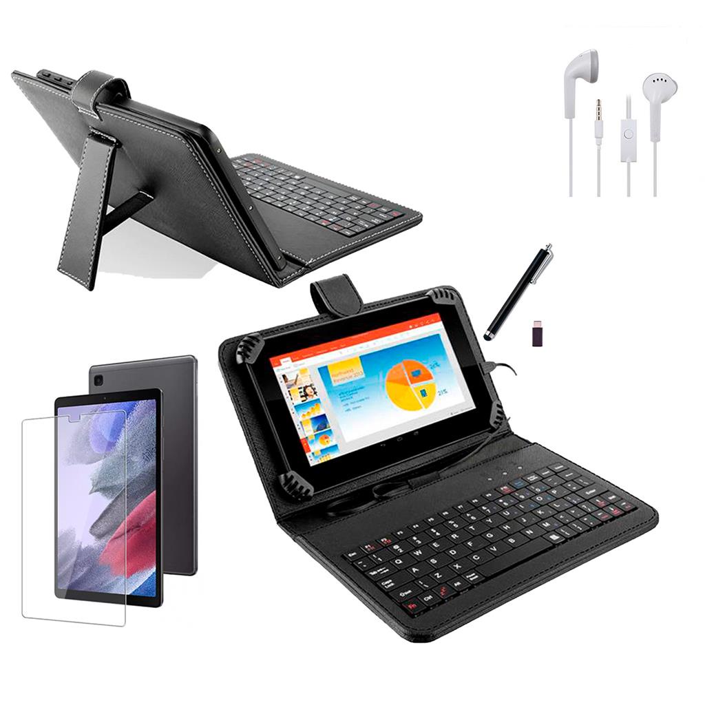 Capa Preta com Teclado p/ Tablet samsung A7 Lite 8.7" T220 T225 + Pelicula + Caneta +Fone