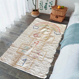 Tapete Felpudo Cru Algodão Bordado Desenho Amarelinha Arco Íris Infantil 100x150cm
