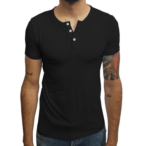 Camisa Masculina Henley Manga Curta Preta Com Botão Branco