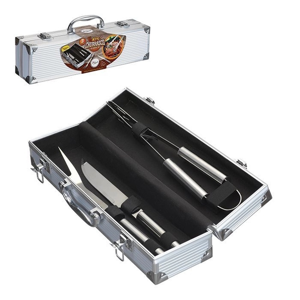 Kit Churrasco Profissional 3 Peças Faca Garfo Pegador com Maleta em Alumínio - Art House