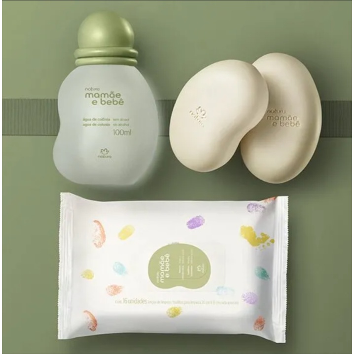 Kit presente natura mamãe bebê Água de colônia + Caixa de sabonetes em barra + Lenços umedecidos