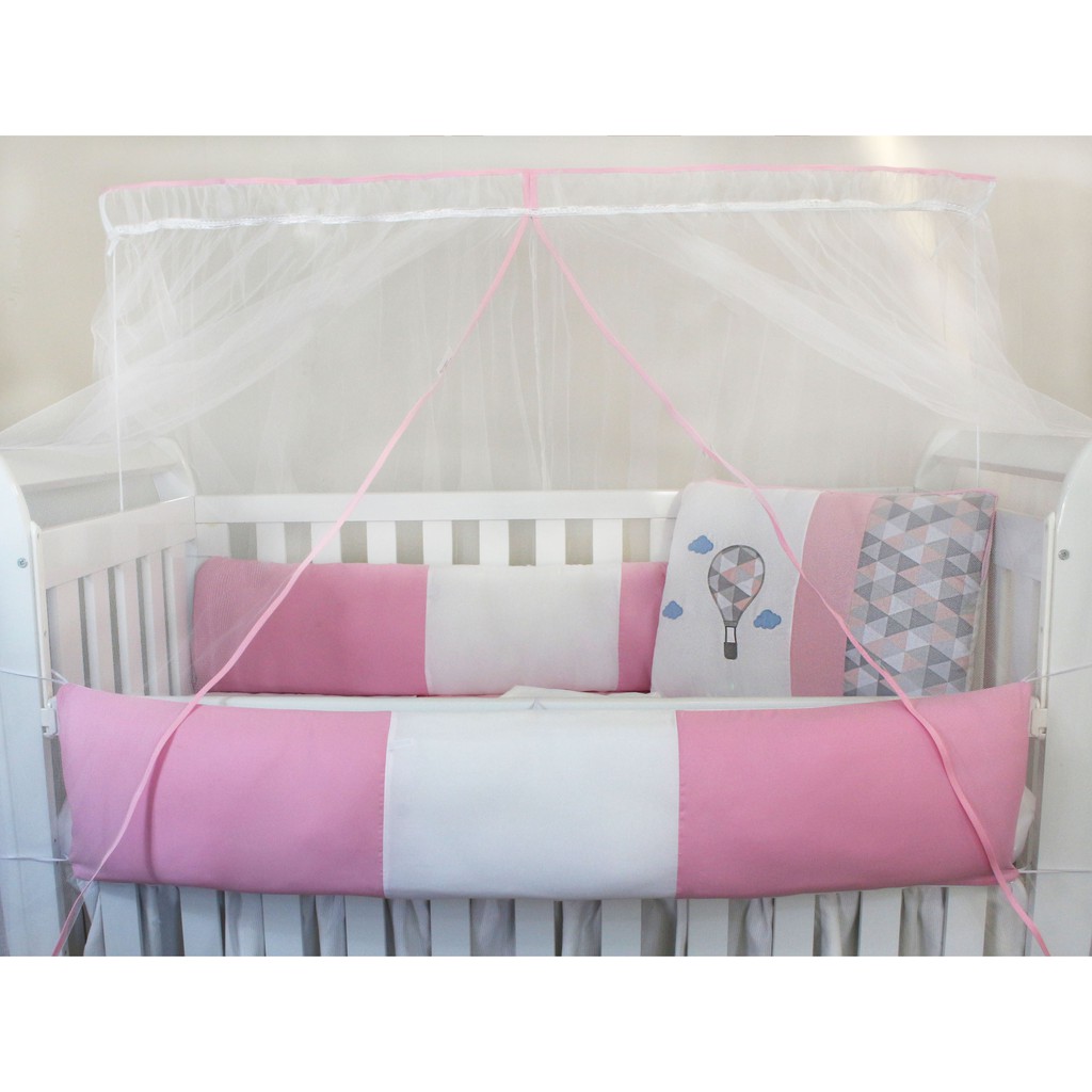 Kit Protetor de Berço Kids com Mosquiteiro Comum 7 peças Balão Rosa