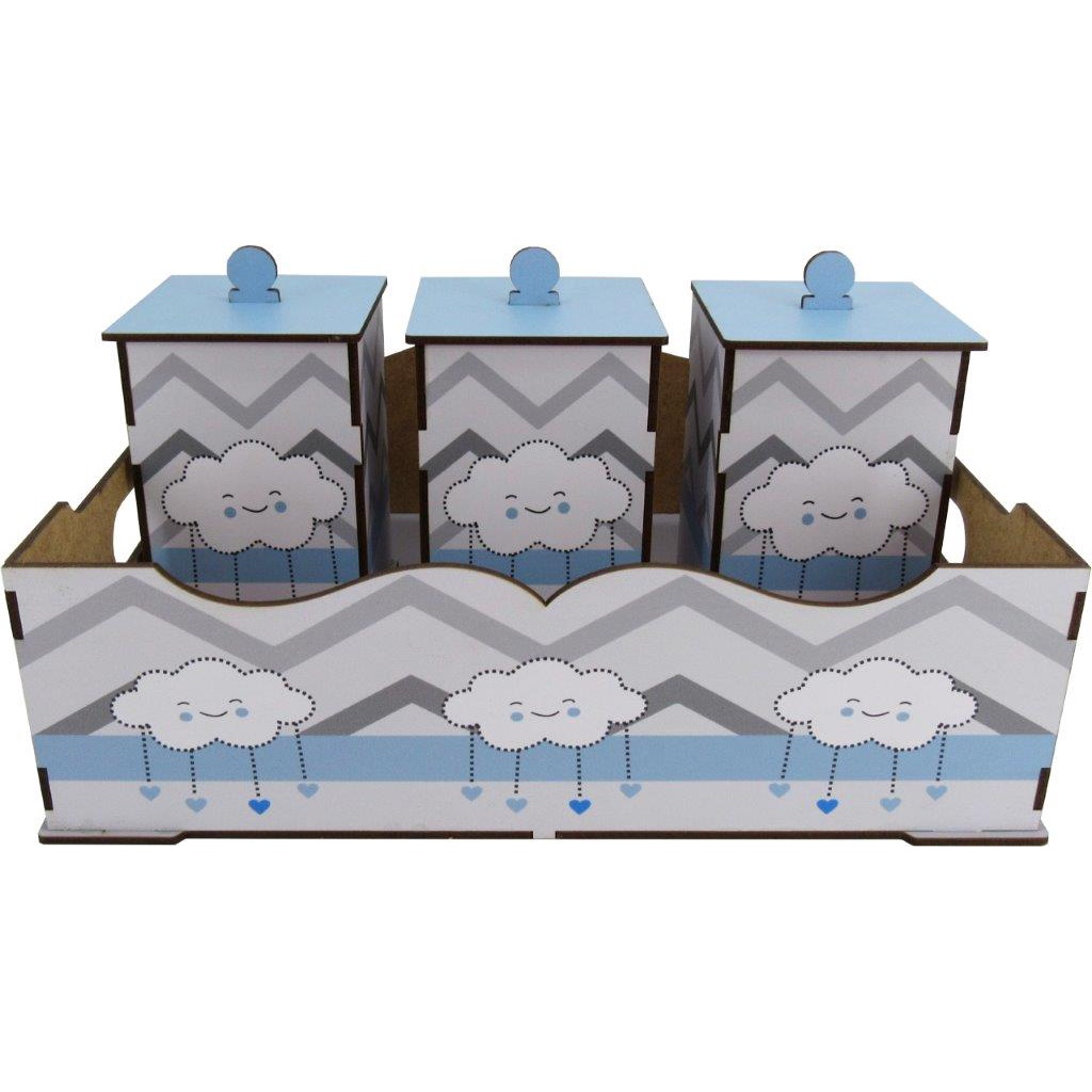 Kit Bebê 4 Peças Bandeja e Potes Higiene Decoração Nuvem Azul Mdf