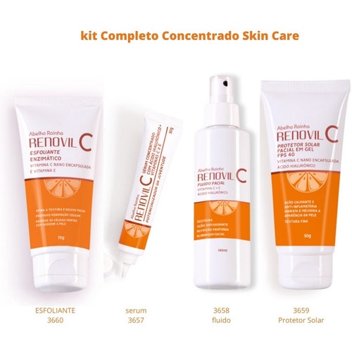 Kit Completo Renovil Vitamina C Abelha Rainha + Sérum Concentrado Com Ácido Hialurônico e Vitamina C e E +Esfoliante Enzimático Vitamina C e E +Fluido Facial Vitamina C e E Acido Hialurônico+Protetor solar Vitamina C e E Ácido Hialurônico FPS 40