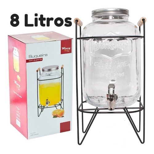 Suqueira Refresqueira De Vidro 8 Litros Com Suporte Retro Torneira