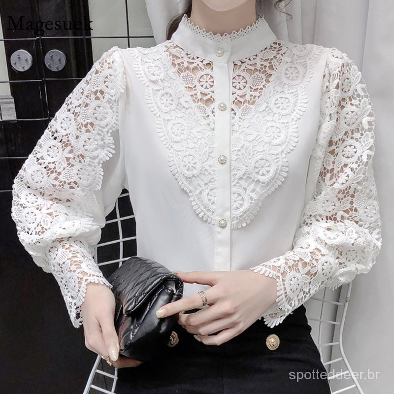 coreana de renda costurada feminina, blusa de manga com botões e gola alta para mulheres primavera 12948 | Shopee Brasil