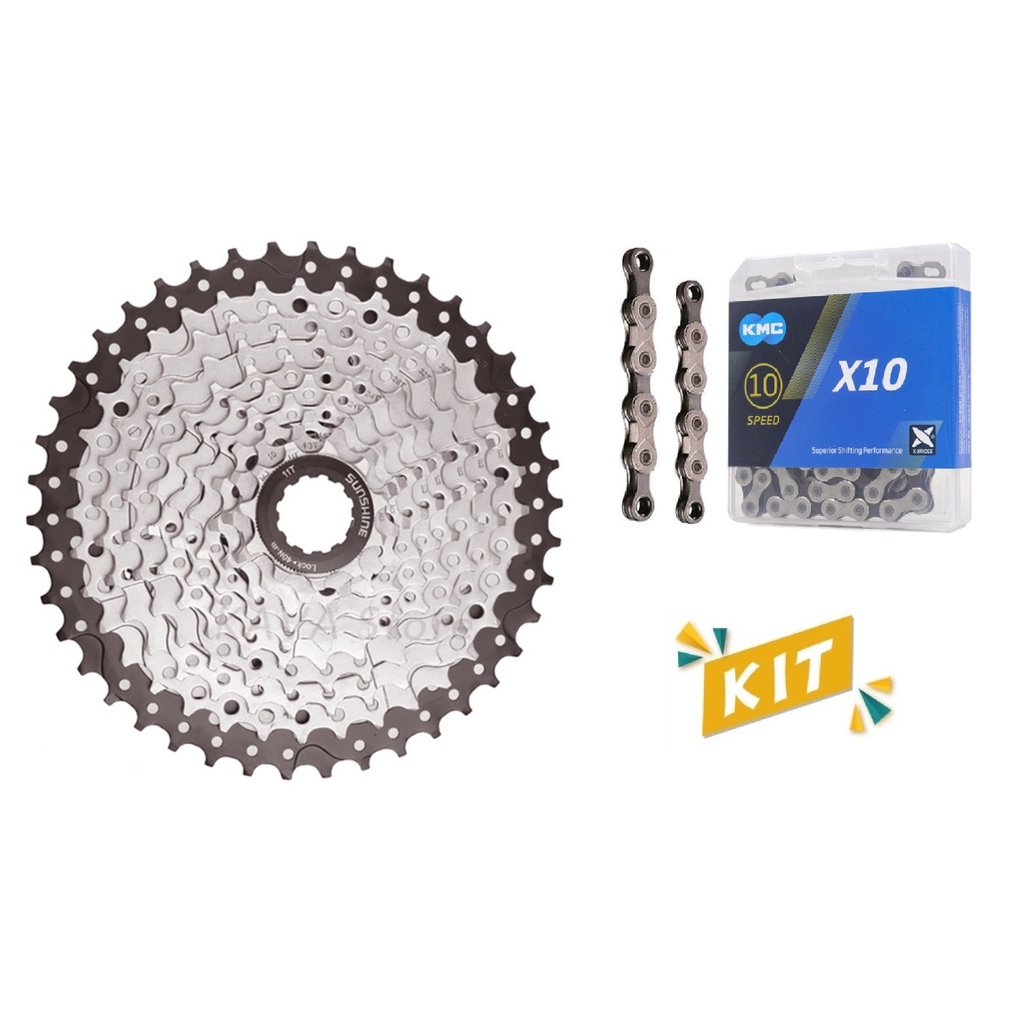 K7 Cassete 10 Velocidades 11 42 Dentes Sunshine + Corrente KMC X10 10 Velocidades 116 L