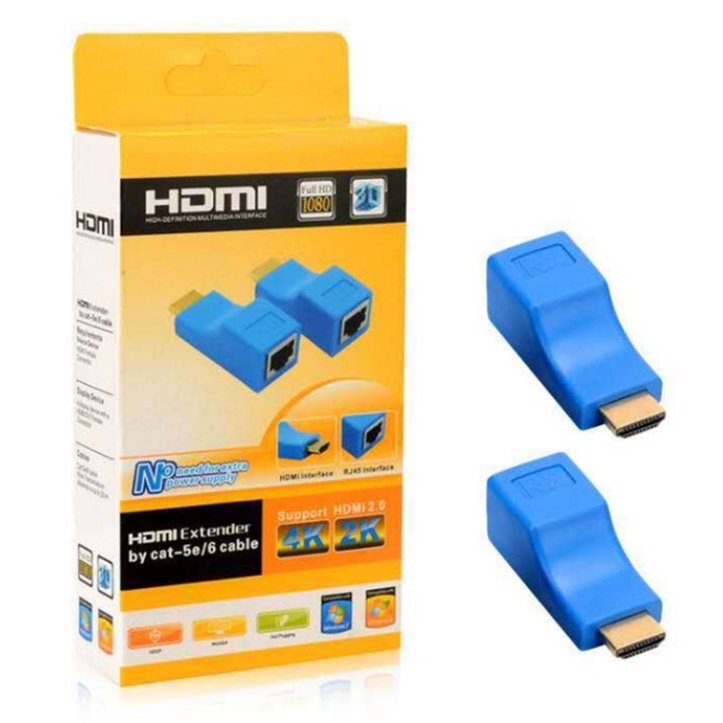 2pçs Extensor Hdmi 1080p Para Rj45 Sobre Cat 5e / 6 Rede Lan Ethernet Hdtv Adaptador （azul）