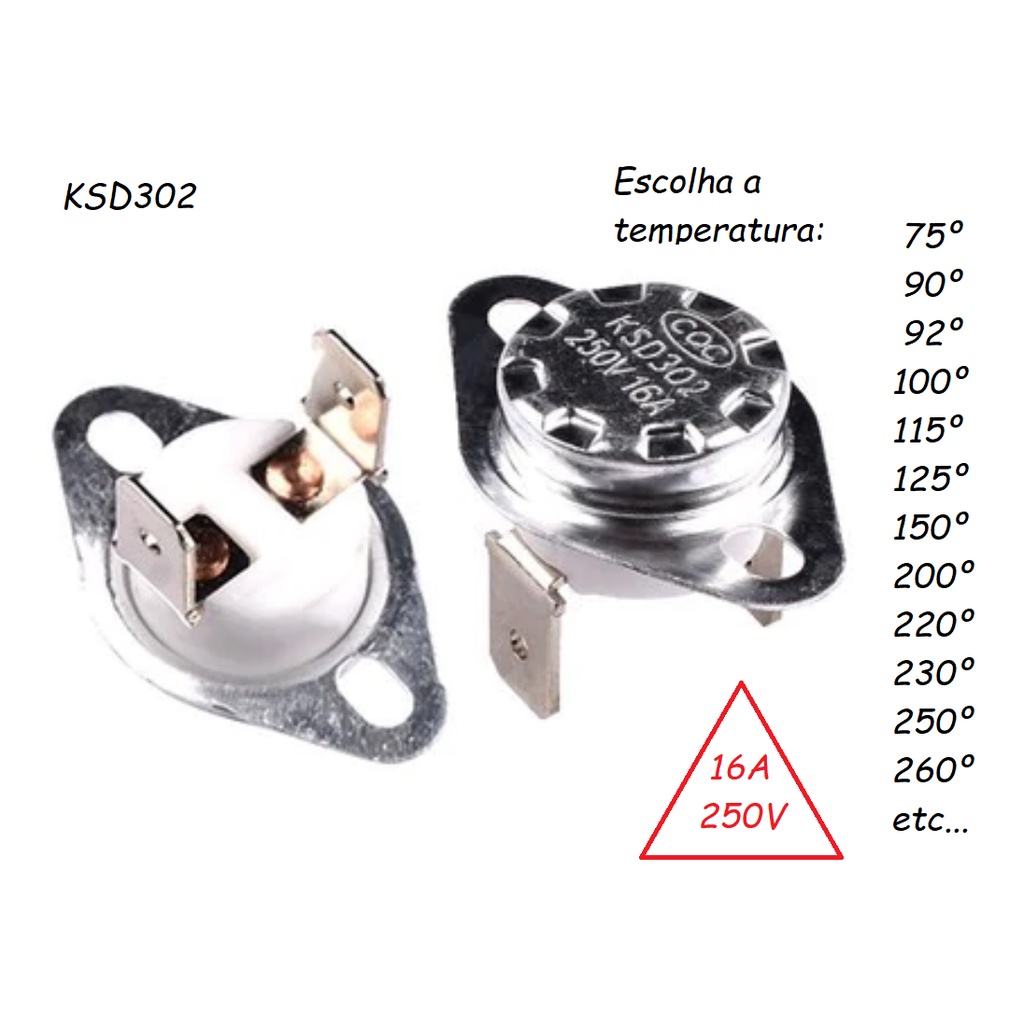 Termostato KSD302 16A 75 92 115 120 125 150 165 200 220 250 260 graus KSD301