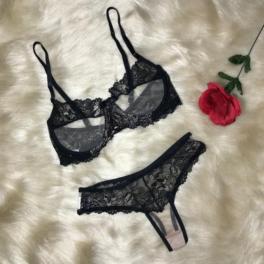 KIT CONJUNTO LINGERIE FEMININA SEXY TRANSPARENTE TULE E RENDA LUXO SENSUAL CALCINHA SUTIÃ