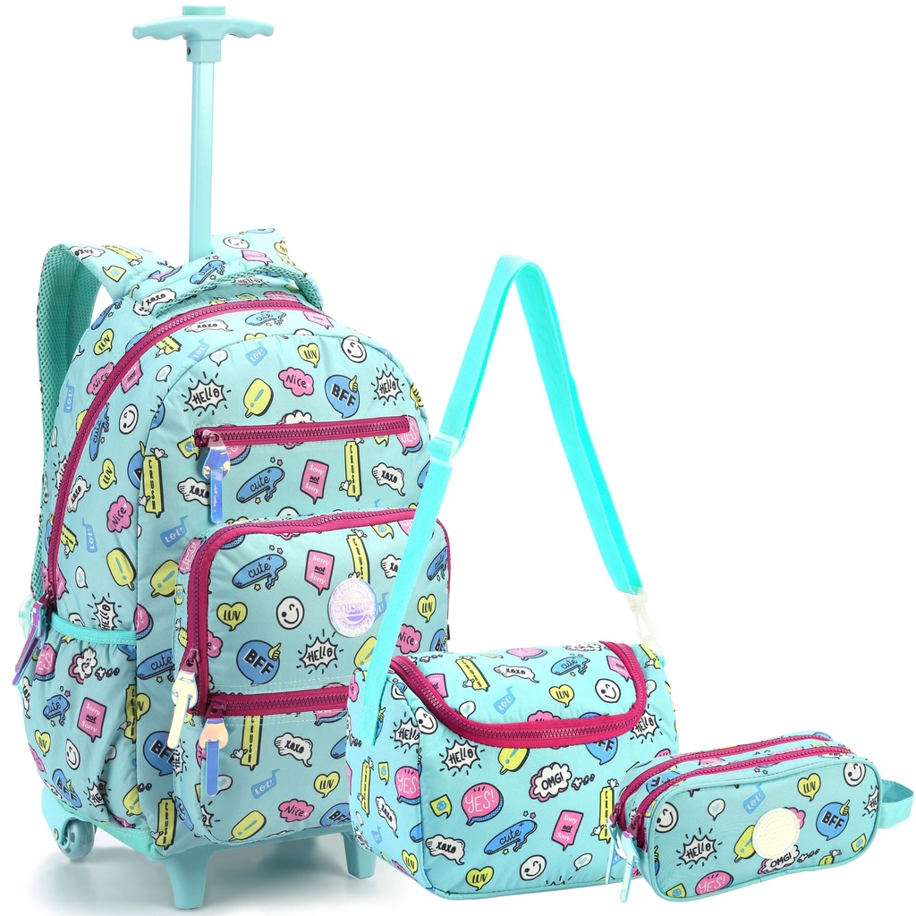 Mochila Escolar Infantil Feminina com Rodinhas Lancheira e Estojo 