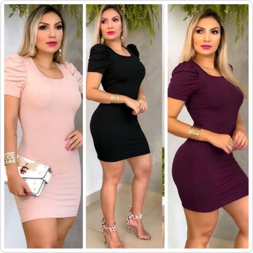 Vestido feminino canelado manga curta princesa bufante moda