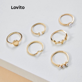 Lovito 6 Peças de Conjunto de Anéis Geometria Elegante Simples de Pérolas Artificiais de L17M153 (Ouro)