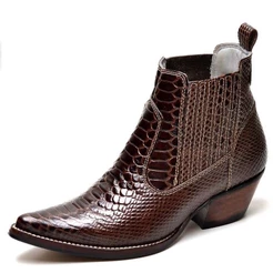 Bota Country Masculina Bico Fino Textura Fácil de Calçar Em Couro Verniz Auto Brilho Exotico Anaconda