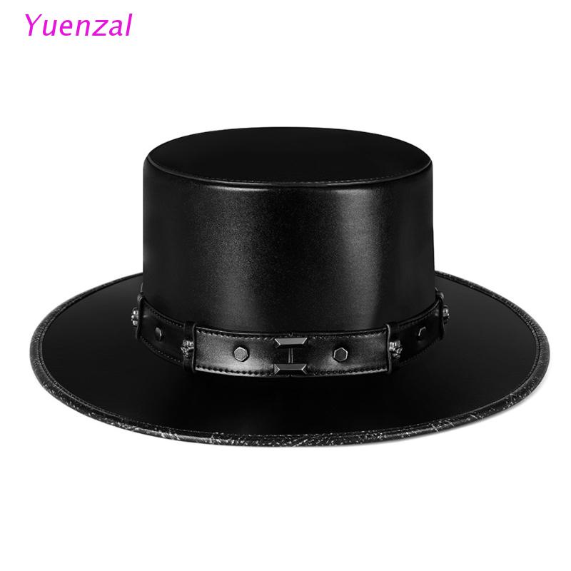 Yuen Steampunk Plague Doctor Hat Pu De Couro Preto Flat Top Chapéu Para O Dia Das Bruxas Cosplay Adereços Traje Dress Up Fontes Do Partido