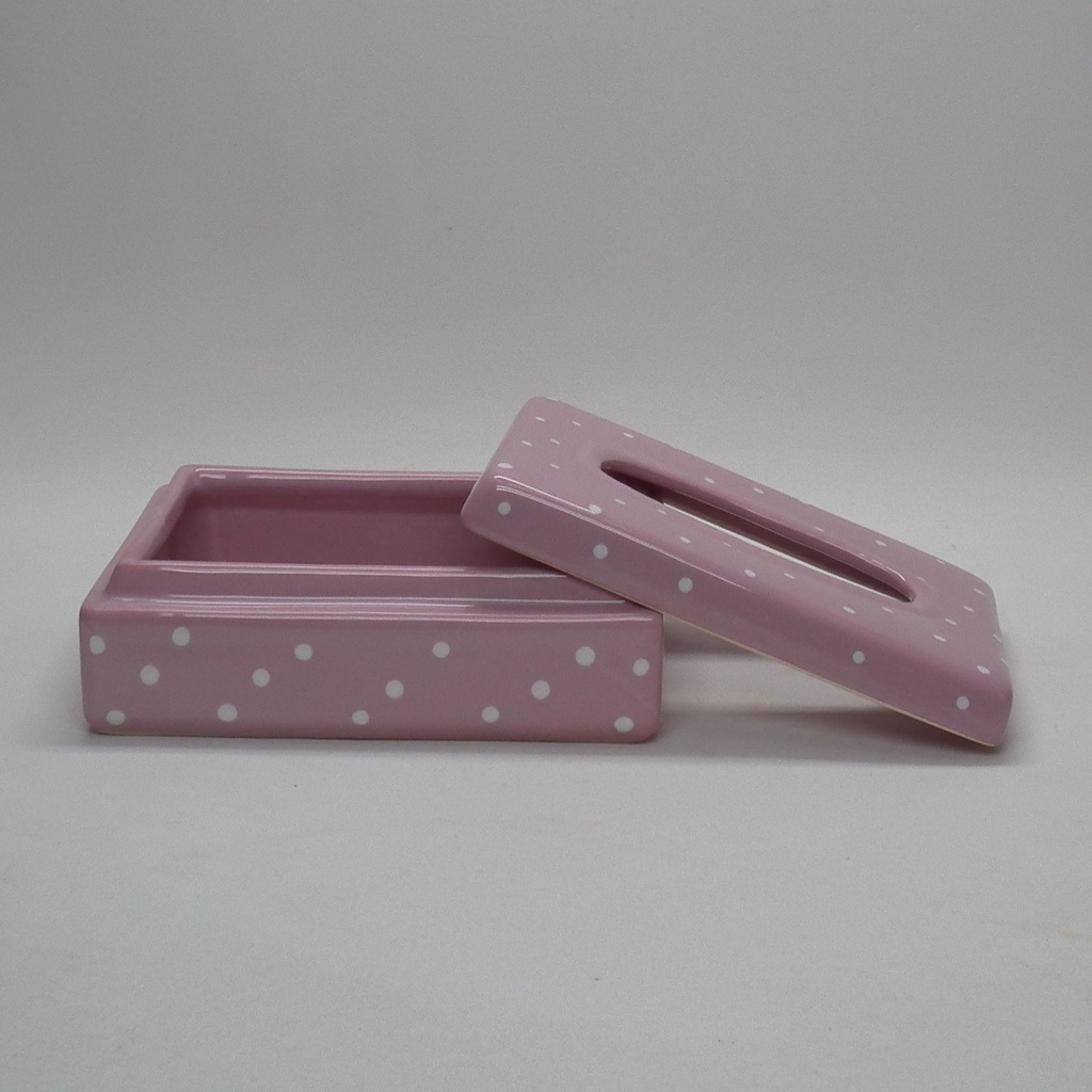 Caixa Porta Lenço Umedecido Porcelana para Kit Higiene Bebê ou Banheiro Cor Rosa Bebe com Poá