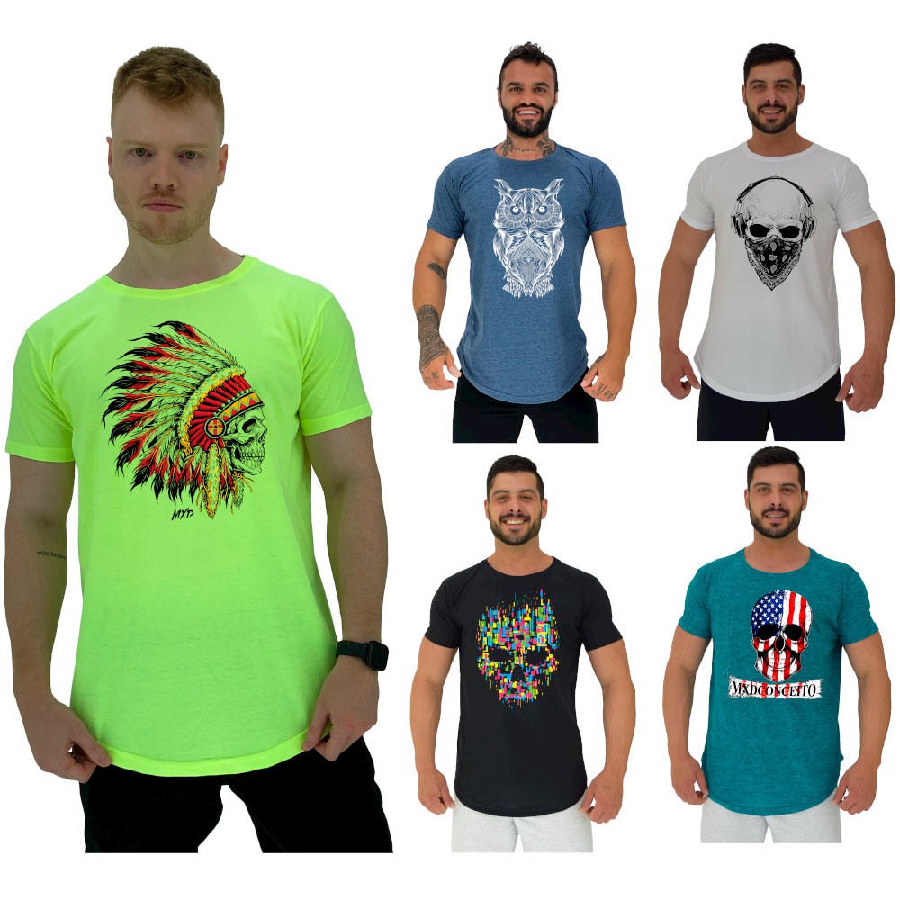 Kit 5 Camisetas Longline Masculina MXD Conceito Fio 30.1 Penteado Estampado Manga Curta Combo Caveira Cacique Coruja American Skull Caveira Abstrata Caveira de Fone