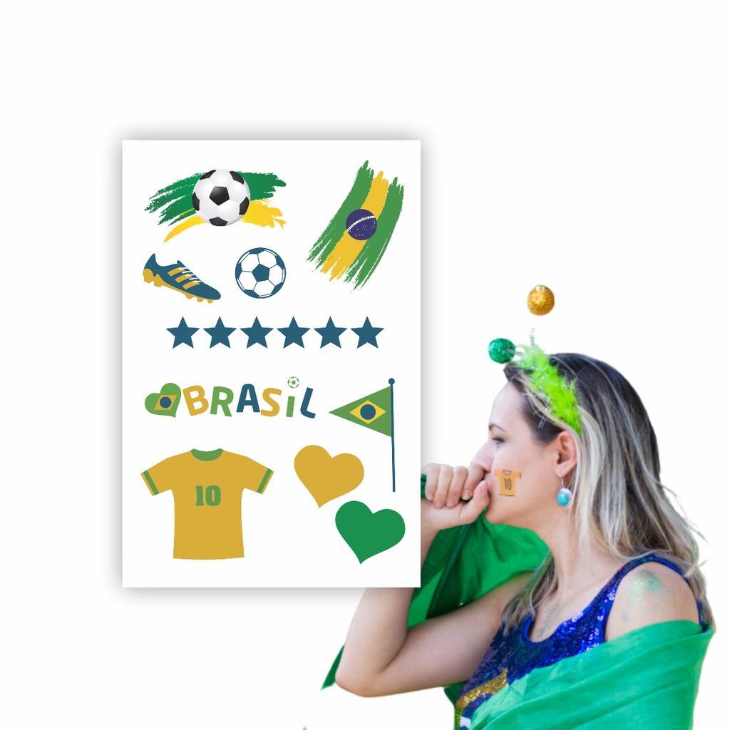 10 Tatuagem Temporária Copa Torcida Brasil 02 | 10x15 cm em Oferta na Shopee