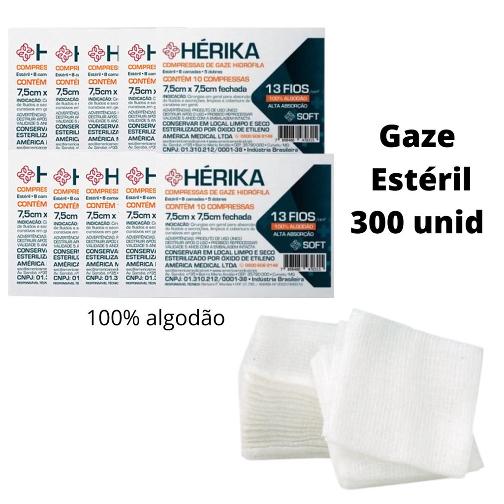 Compressa Gaze Hidrófila Estéril Cirúrgica Para Curativo Feridas 13 Fios 7,5cm x 7,5cm Com 300un - 30pct Hérika