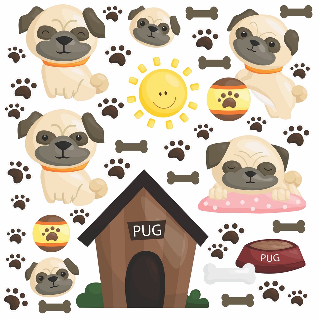 Adesivo de Parede Infantil Cachorro Pug Patinhas Pet C96