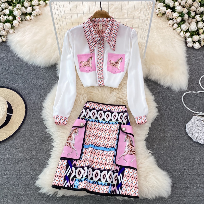 Mini Saia Feminina De Manga Comprida Com Estampa Celebridade Temperamento Vintage Top + Ci...