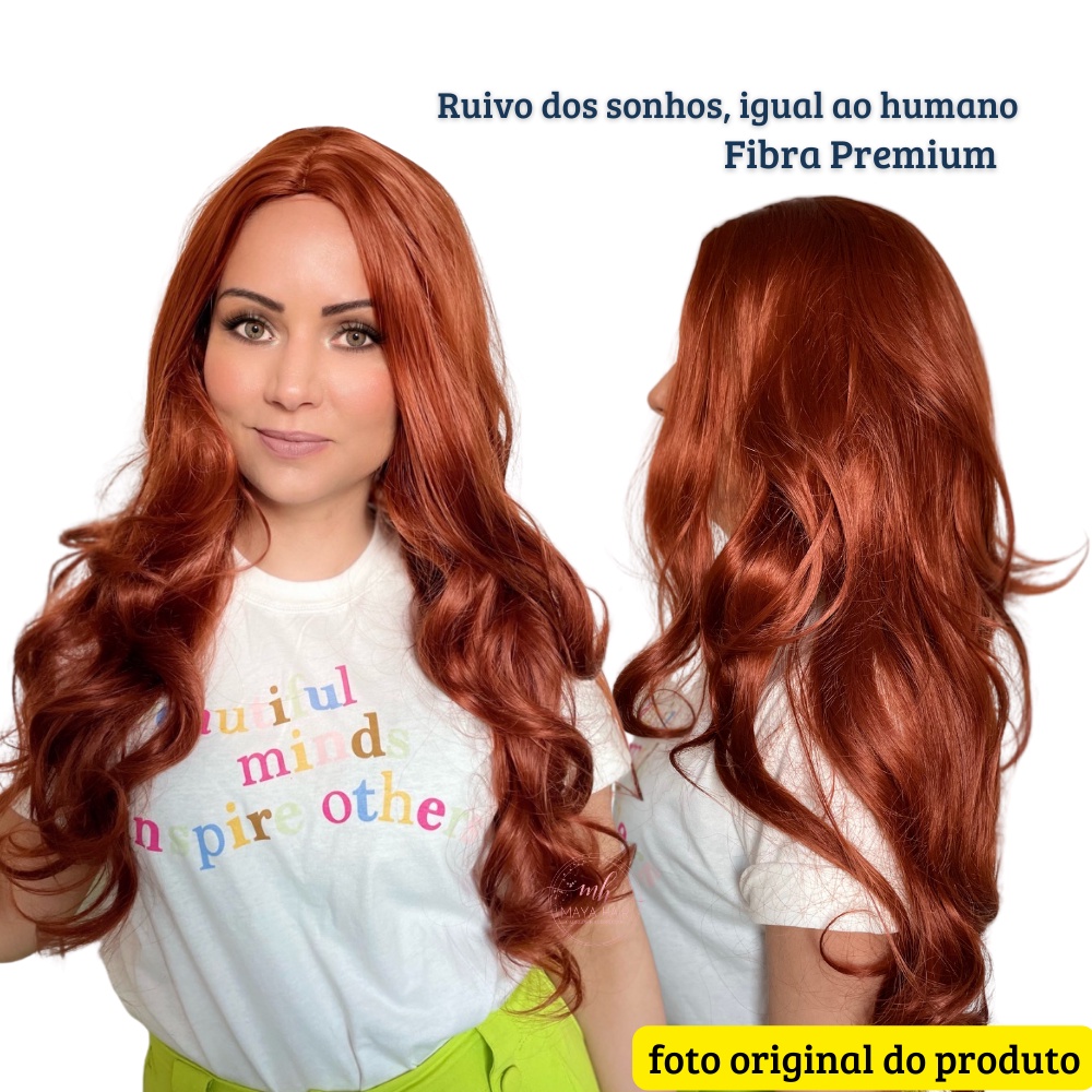 Peruca Orgânica Fibra Orgânica Premium Ondulada Ruiva Super Natural 60cm