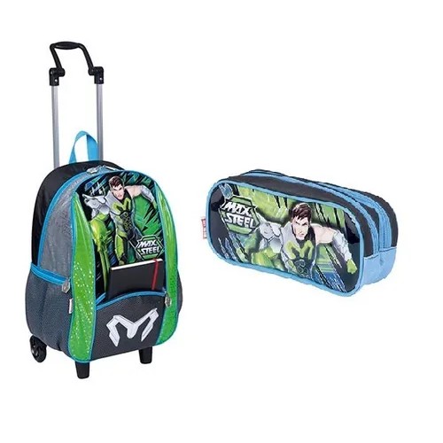 Mochila Escolar Max Steel Tam G Rodinhas 18y + Estojo Infantil