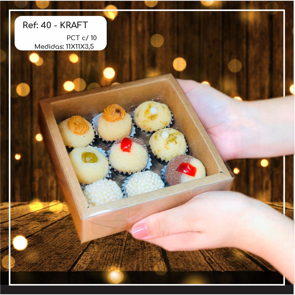 10~50  Caixas Embalagem 9 Doces Com Visor em  Acetato KRAFT 11x11x3,5 - Ref. 40 ( Chocobraz )//