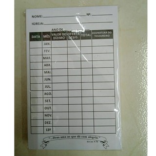 Cartão de Dizimo e Oferta Anual Pacote com 100 und
