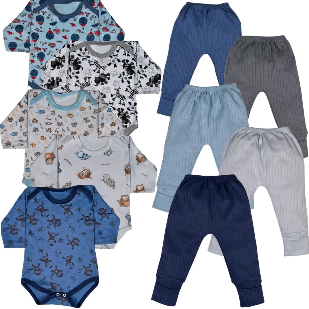 Kit 10 Pçs Body M/Longa Estampado E Mijão Liso Suedine Menino Vira Pé