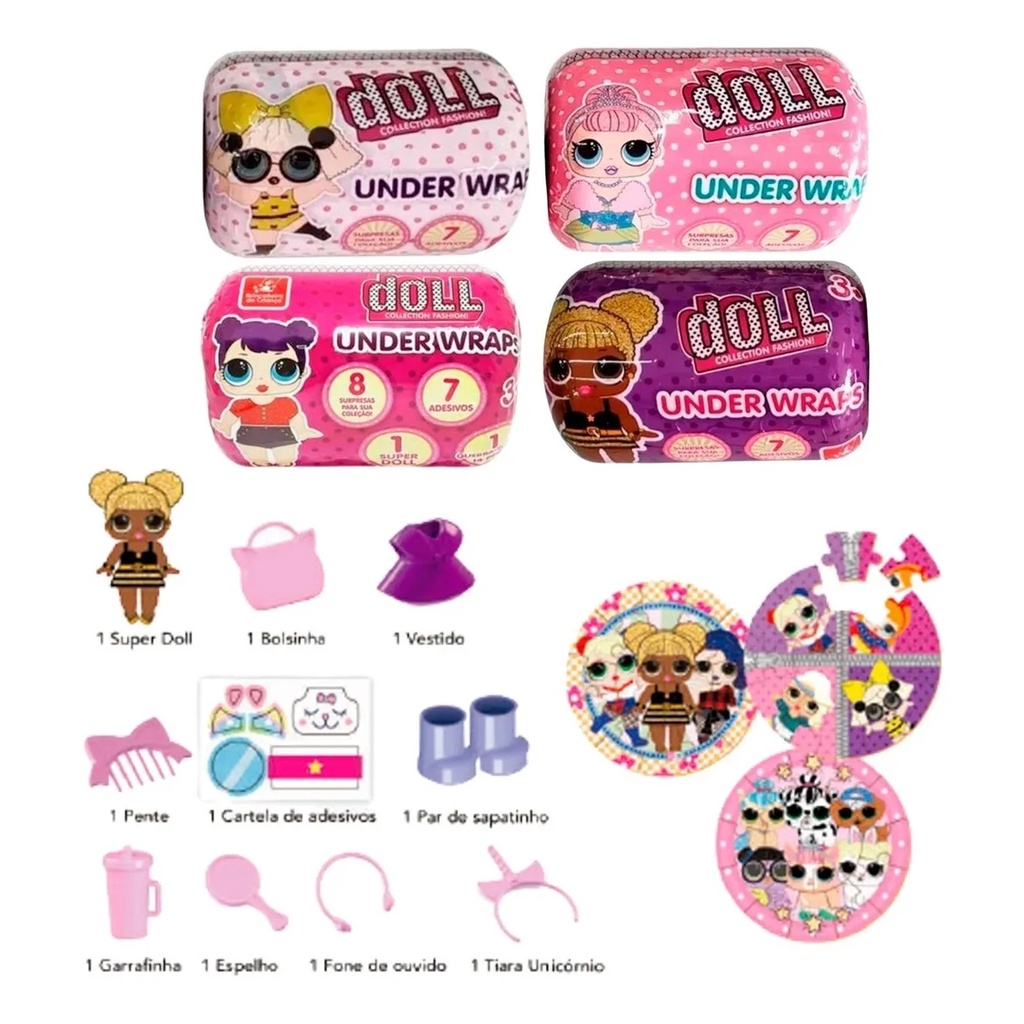 Cápsula Surpresa Boneca Doll Sortida Com 8 Surpresas E 7 Adesivos + Quebra Cabeça - Brincadeira De Criança 6251