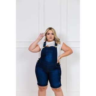 Jardineira bermuda jeans cintura alta com lycra alça ajustável plus size