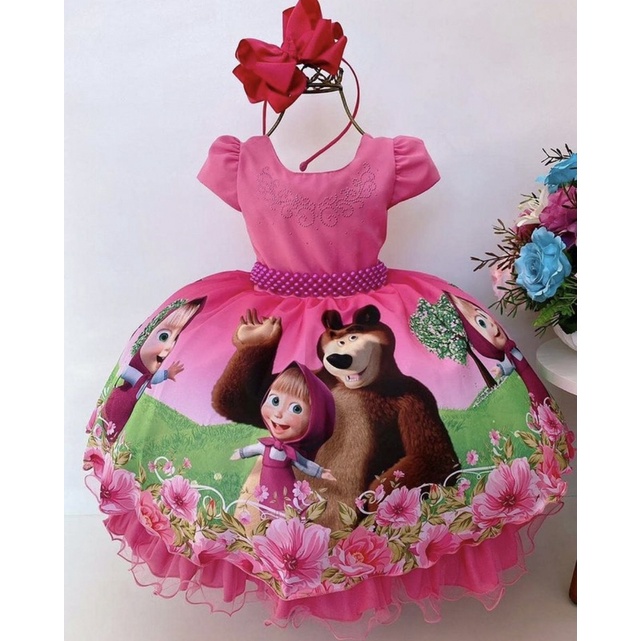 Vestido Infantil Temático Masha E O Urso Rosa