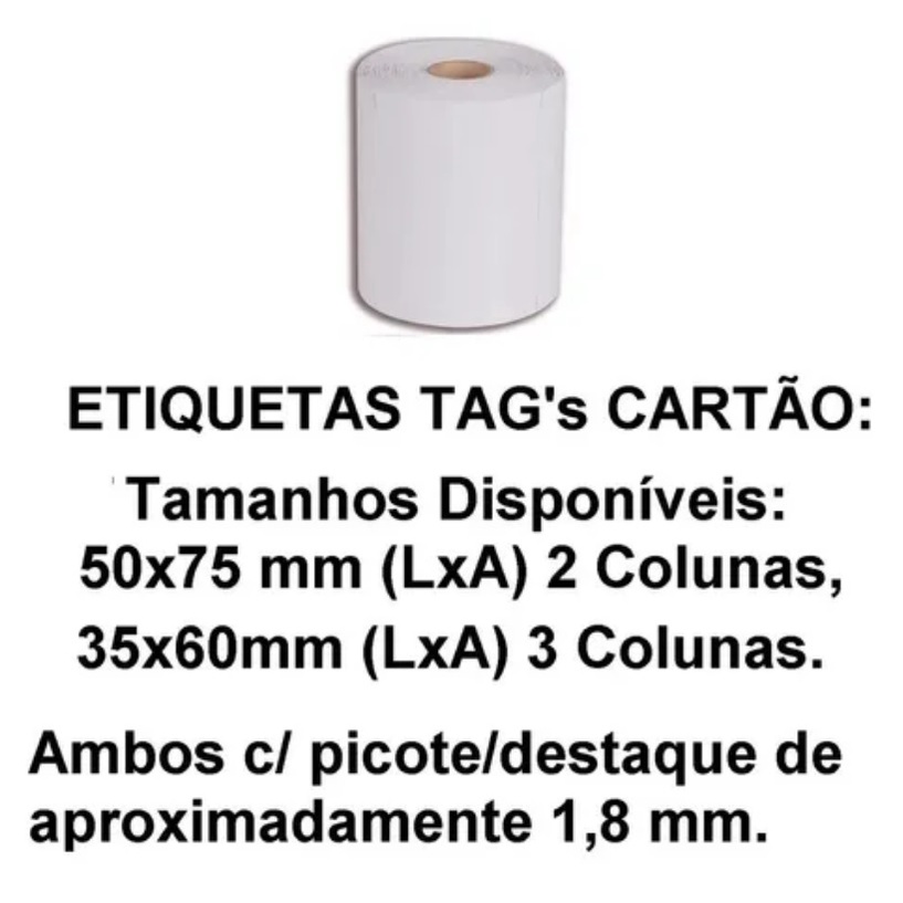 Kit com 02 rolos de Etiquetas TAG Cartão, "SEM ADESIVO", com Serrilha + 01 Ribbon Cera 110x74m Preto