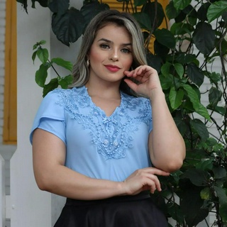 Blusa Camisa Manga Curta Azul Celeste Renda Social Moda Evangélica Social Bordada