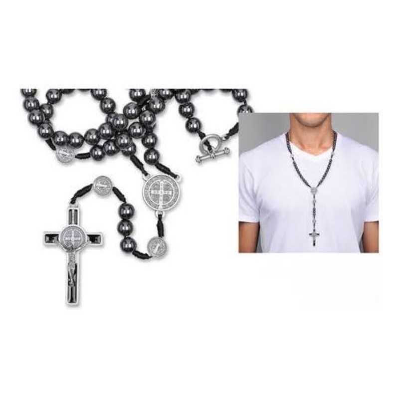 Terço De Pescoço São Bento Com Pedra De Hematita em Oferta na Shopee