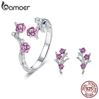 Bamoer 925 Sterling Silver Jewelry Set Anel E Brincos Padrão De Flor De Ameixa Para Meninas Presentes