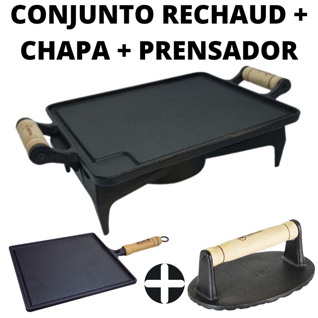 Conjunto Chapa + Prensador + Rechaud De Ferro Fundido Com Aquecedor Alcool Uma Chama 24x29 Cm (envio Imediato)